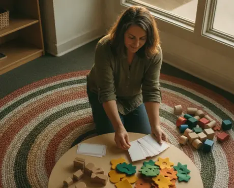 Top-down golden-hour view of a preschool director reviewing attendance cards and colorful cubby tags on a warm wooden table