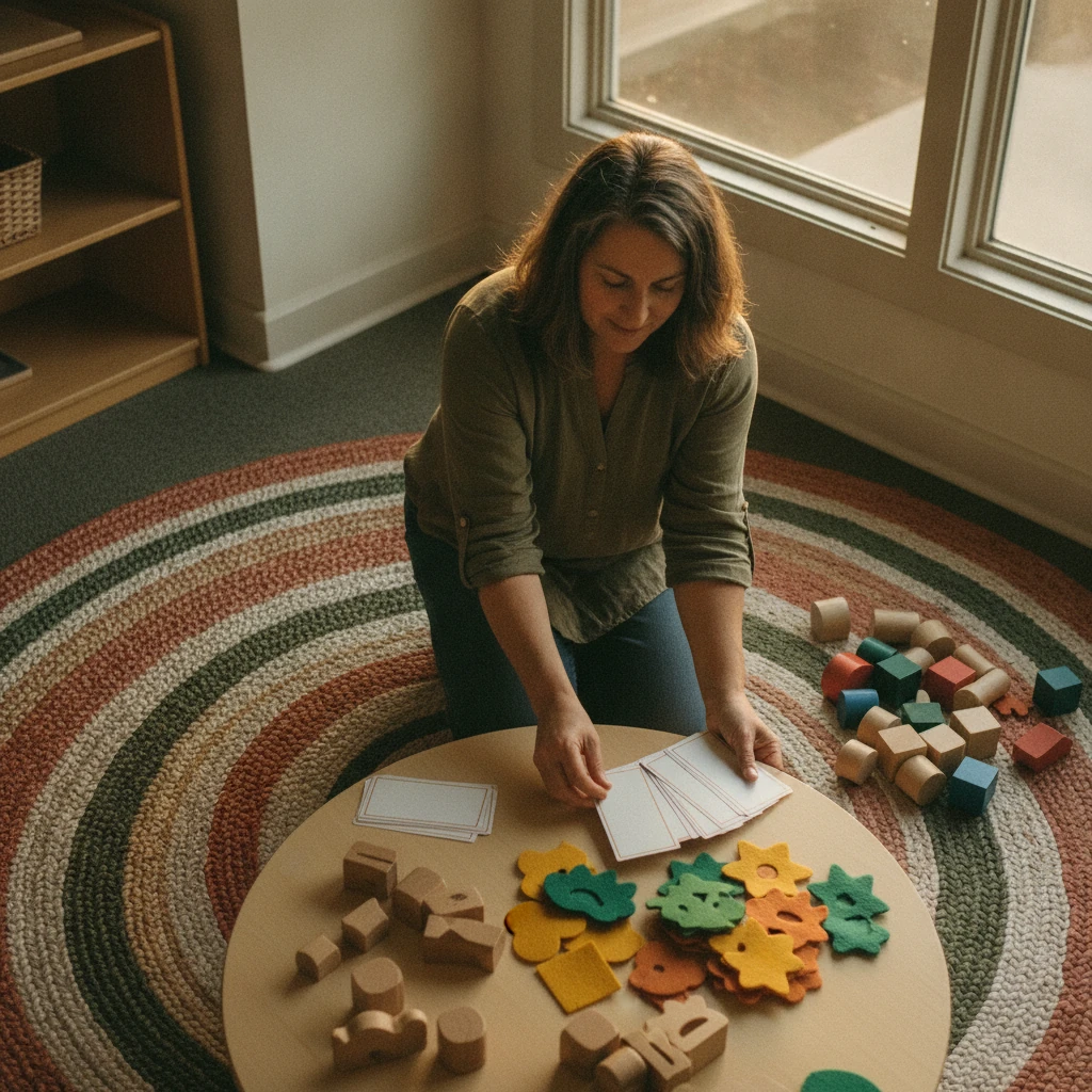 Top-down golden-hour view of a preschool director reviewing attendance cards and colorful cubby tags on a warm wooden table