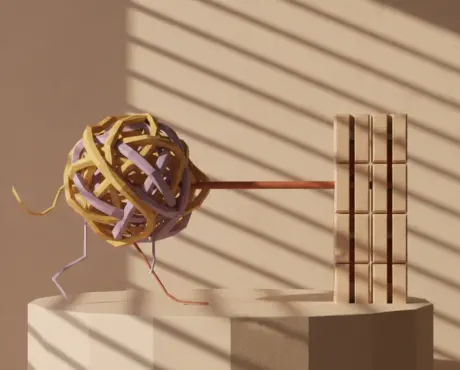 Low-poly render of tangled mustard threads pulling straight into one traceable rust line under long late-afternoon shadows.
