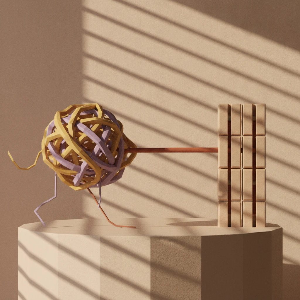 Low-poly render of tangled mustard threads pulling straight into one traceable rust line under long late-afternoon shadows.