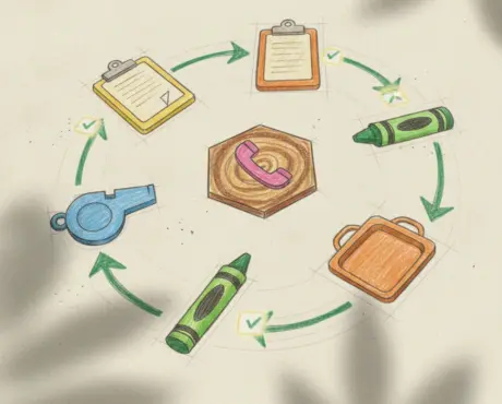 A hand-drawn diagram of preschool role icons linked by arrows into a closing loop, showing a culture of accountability.