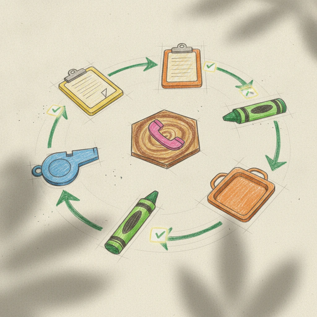 A hand-drawn diagram of preschool role icons linked by arrows into a closing loop, showing a culture of accountability.