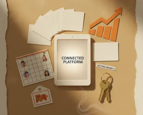 Overhead paper-cutout arrangement of preschool tools around a glowing tablet showing preschool ERP software.