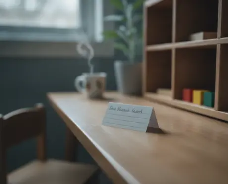 A single index card in sharp focus on a calm preschool desk, blurred cubbies and blocks behind, in cool north-window light.