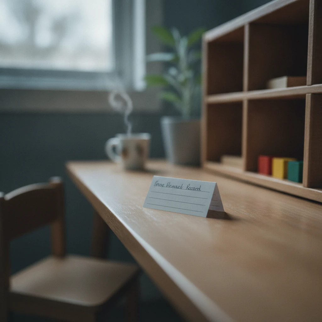 A single index card in sharp focus on a calm preschool desk, blurred cubbies and blocks behind, in cool north-window light.