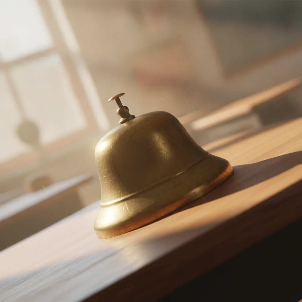 Macro close-up of a brass preschool hand bell mid-ring in morning light, evoking operational intelligence alerts.