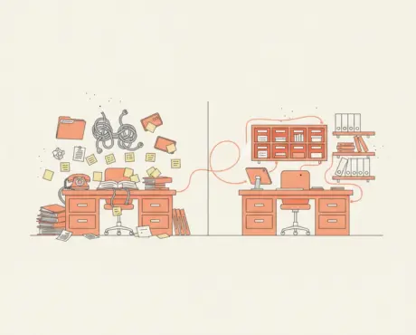 A preschool office split in two: a cluttered tangle of disconnected tools versus a calm, connected all-in-one system.