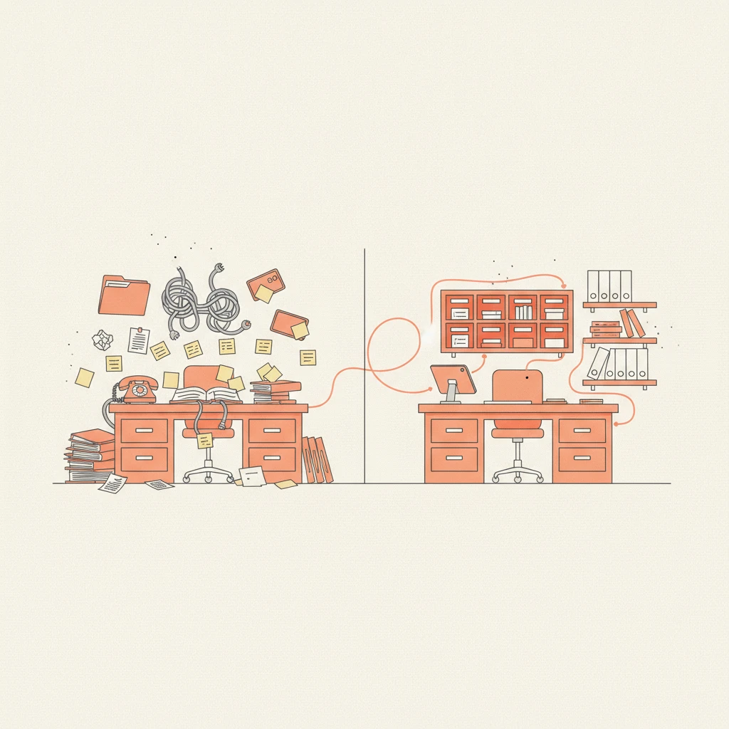 A preschool office split in two: a cluttered tangle of disconnected tools versus a calm, connected all-in-one system.