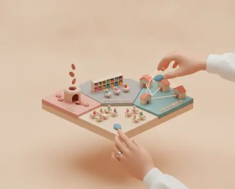 Isometric clay diorama of a preschool: color-coded zones for fee collection, filled seats and cross-branch money flow.