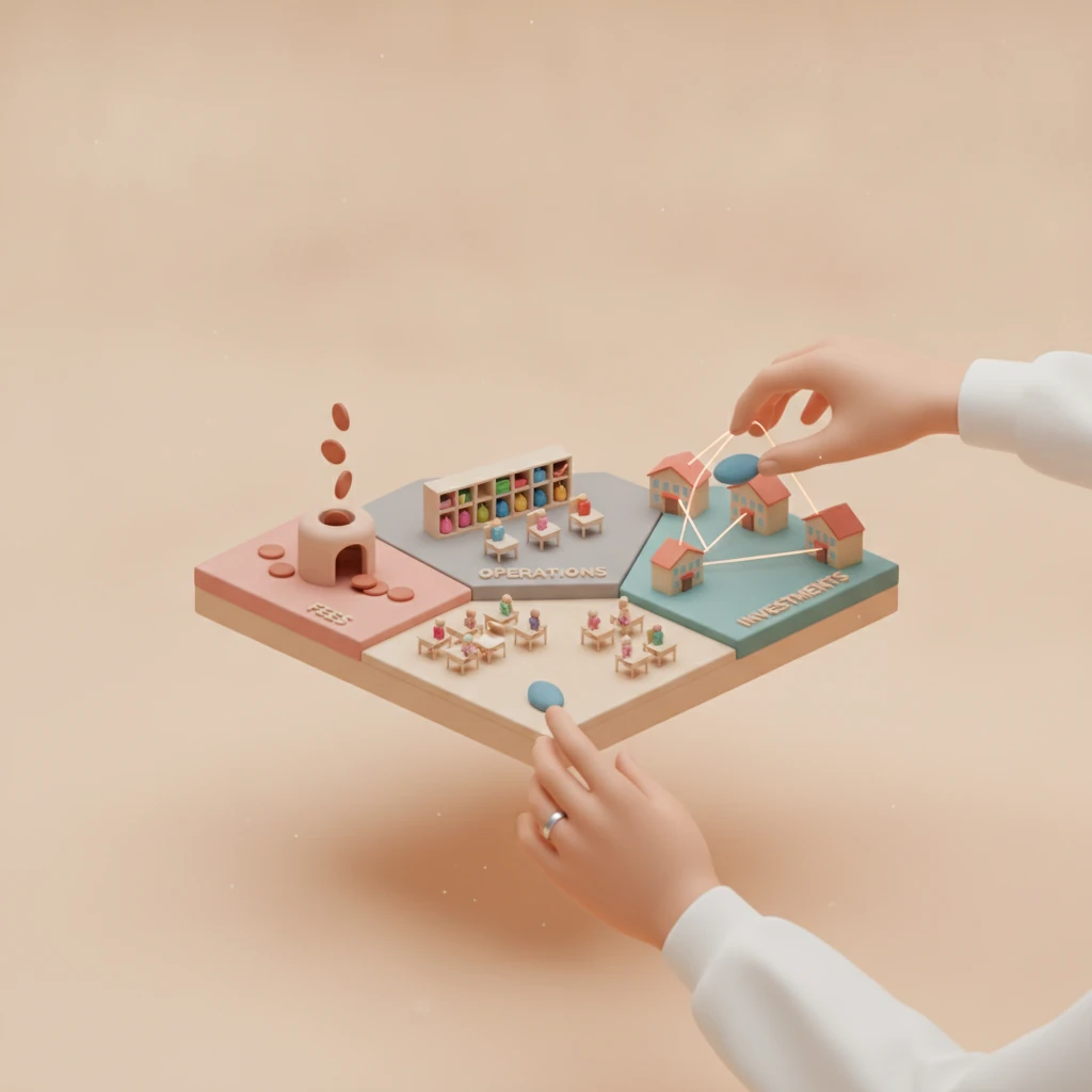 Isometric clay diorama of a preschool: color-coded zones for fee collection, filled seats and cross-branch money flow.