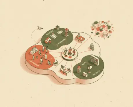 Top-down risograph diorama of a preschool split into colour-coded zones for admissions, attendance and fees