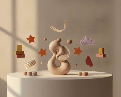 Scattered sculptural blocks and a fabric ribbon merging into one connected preschool operations form in warm light.