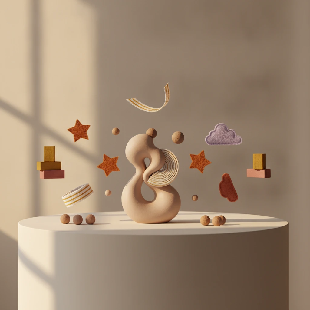Scattered sculptural blocks and a fabric ribbon merging into one connected preschool operations form in warm light.