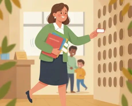 A smiling preschool administrator walks briskly through a sunlit hallway carrying folders, mid-stride and in motion