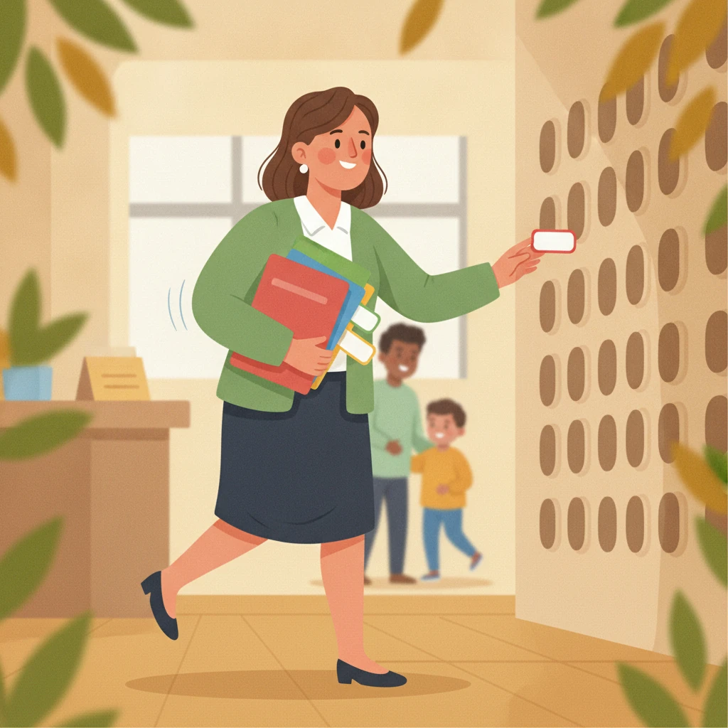 A smiling preschool administrator walks briskly through a sunlit hallway carrying folders, mid-stride and in motion