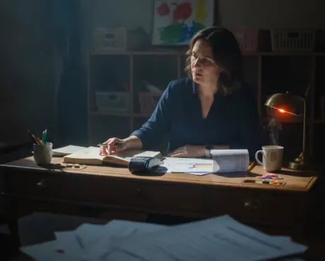 A preschool director pauses over scattered fee papers and registers in a dim office lit by warm side light.