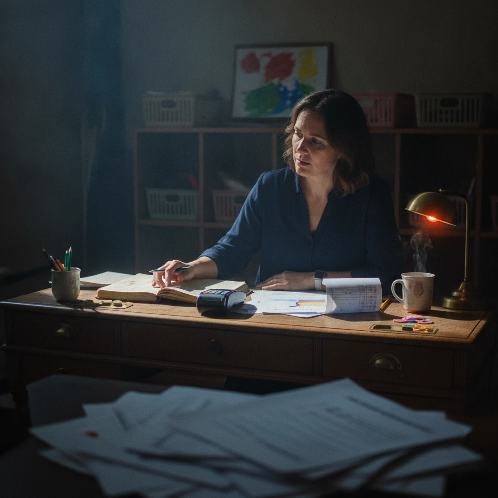 A preschool director pauses over scattered fee papers and registers in a dim office lit by warm side light.