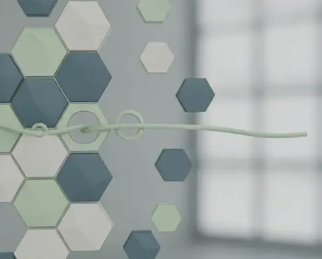 Low-poly faceted pieces snapping into a single connected lattice in slate blue, bone white and pale sage.