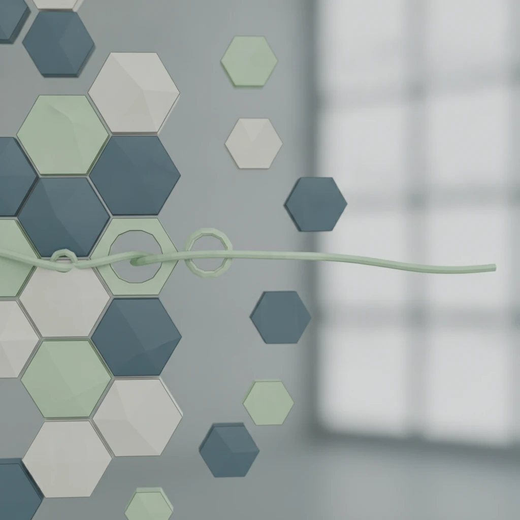 Low-poly faceted pieces snapping into a single connected lattice in slate blue, bone white and pale sage.