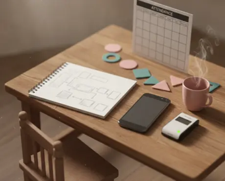 A preschool director's desk set up to compare preschool management software, with a notebook, phone and cubby tags.