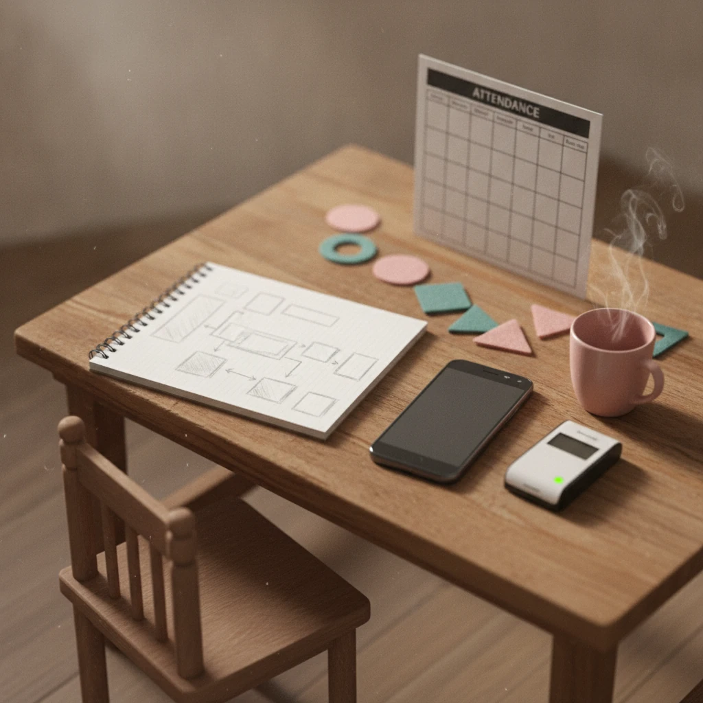 A preschool director's desk set up to compare preschool management software, with a notebook, phone and cubby tags.