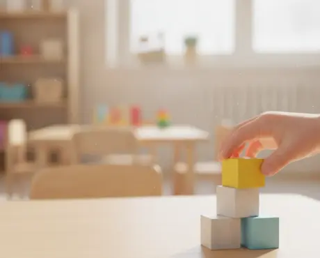 Close-up of small hands stacking bright yellow and blue wooden blocks into a rising tower on a white table.