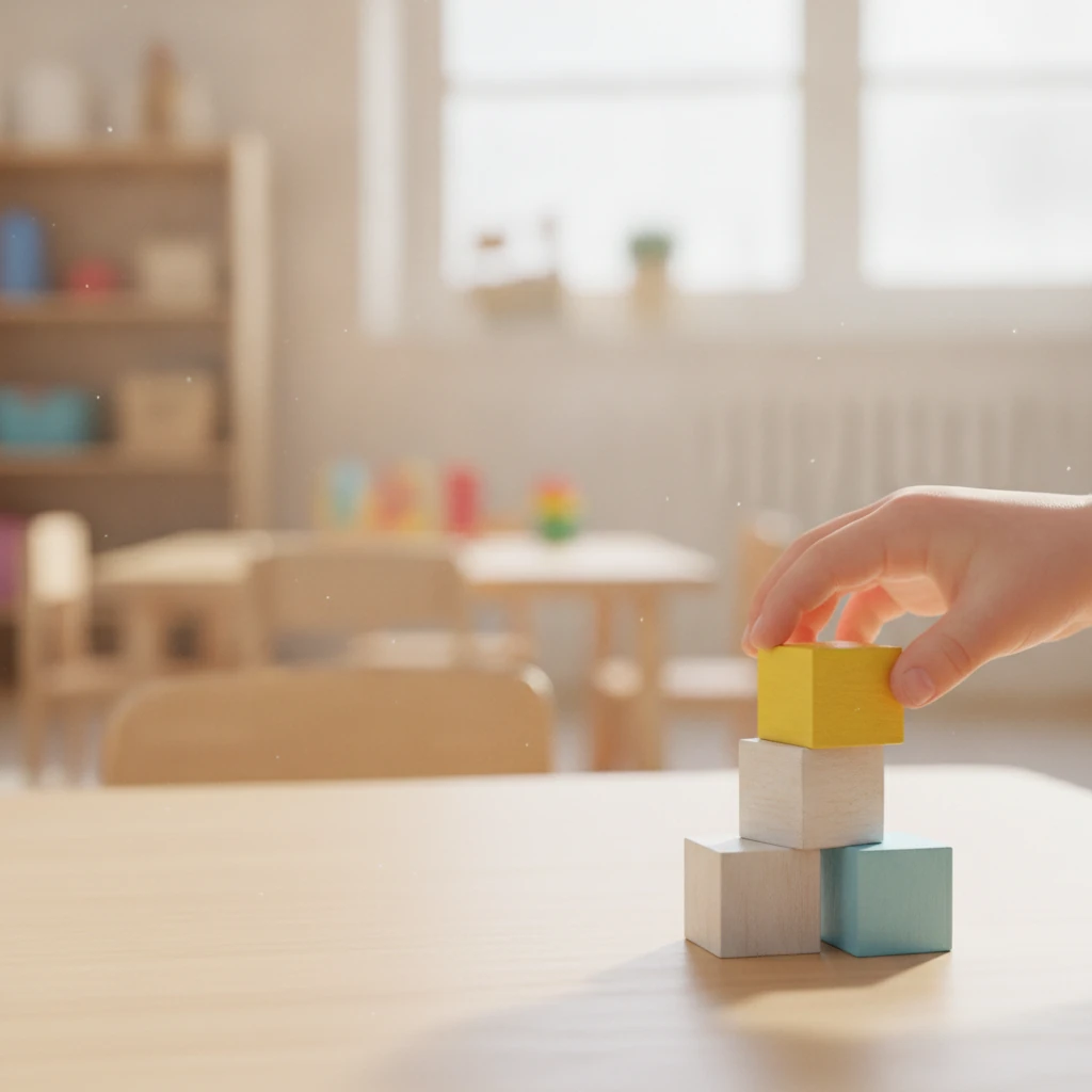 Close-up of small hands stacking bright yellow and blue wooden blocks into a rising tower on a white table.