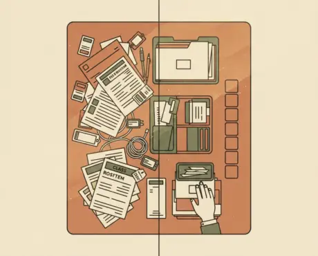 Top-down split illustration contrasting a cluttered tangle of preschool apps with one calm, organised single desk surface.