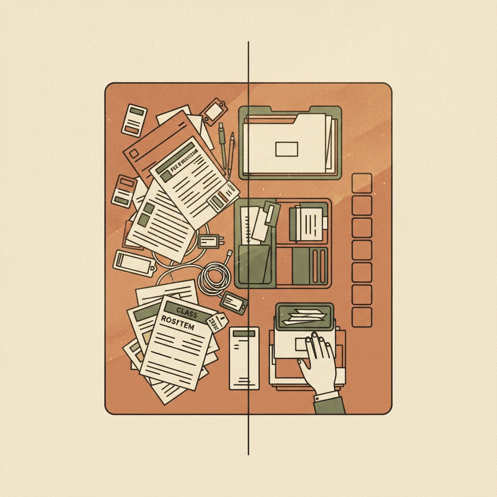 Top-down split illustration contrasting a cluttered tangle of preschool apps with one calm, organised single desk surface.