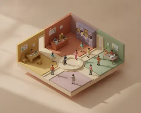 Isometric clay diorama of a preschool office showing administrative bottlenecks clearing as workflow zones connect