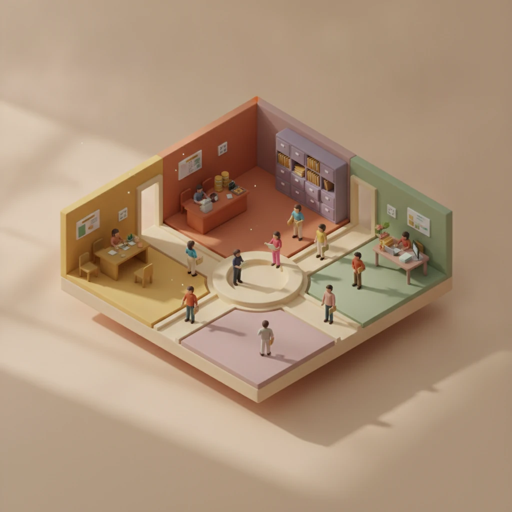 Isometric clay diorama of a preschool office showing administrative bottlenecks clearing as workflow zones connect