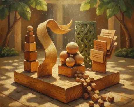 Sculpted blocks, a fabric ribbon and scattered spheres rising from one carved wooden record in dappled forest light