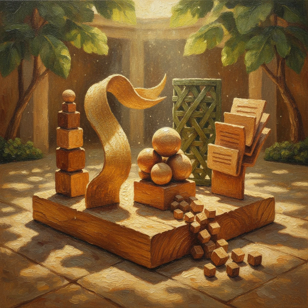 Sculpted blocks, a fabric ribbon and scattered spheres rising from one carved wooden record in dappled forest light